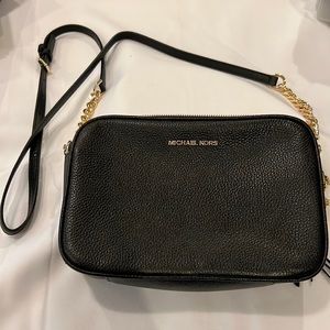 Michael Kors Ginny Leather Black Crossbody Purse with Gold Accents